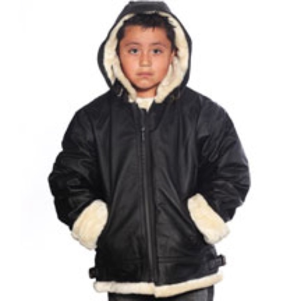 Leather Coat with Beige Faux Fur & Removable Hood
